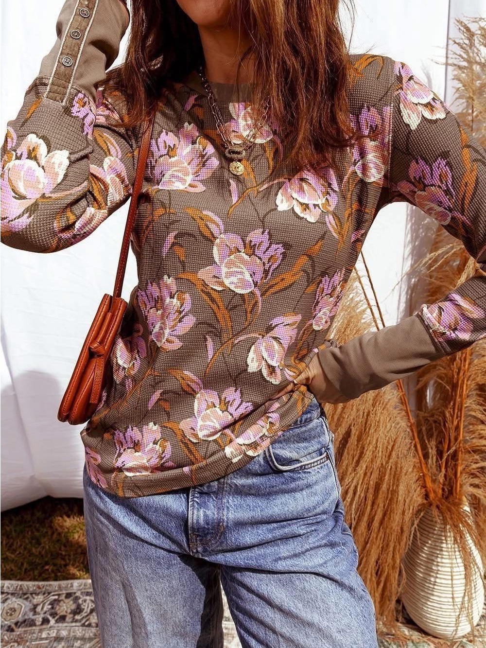Floral Thermal Long-Sleeve Top in Brown with Pink Blooms